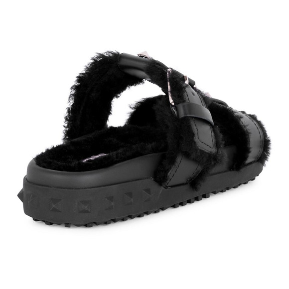 Valentino Rockstud Black Shearling Fur Caged Mule Slip On Slides Sandal Flat 36 - Picture 10 of 12